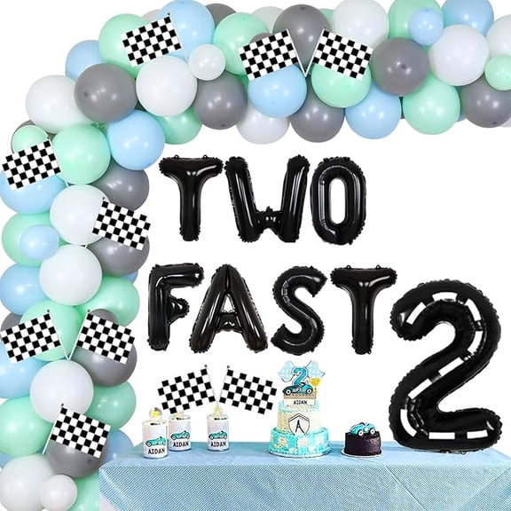 Two Fast Racing Car Themed 2nd Birthday Party Supplies, Blue & Green Balloon Garland Kit with Checkered Flags & Foil Balloons for Boy's 2nd Birthday