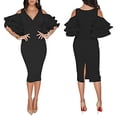 thumbnail image 3 of Vestido midi de noche de fiesta sexy elegante con cuello en V y hombros descubiertos con mangas con volantes lisos Vestido ajustado Adepaton WRMH-225-16, 3 of 6