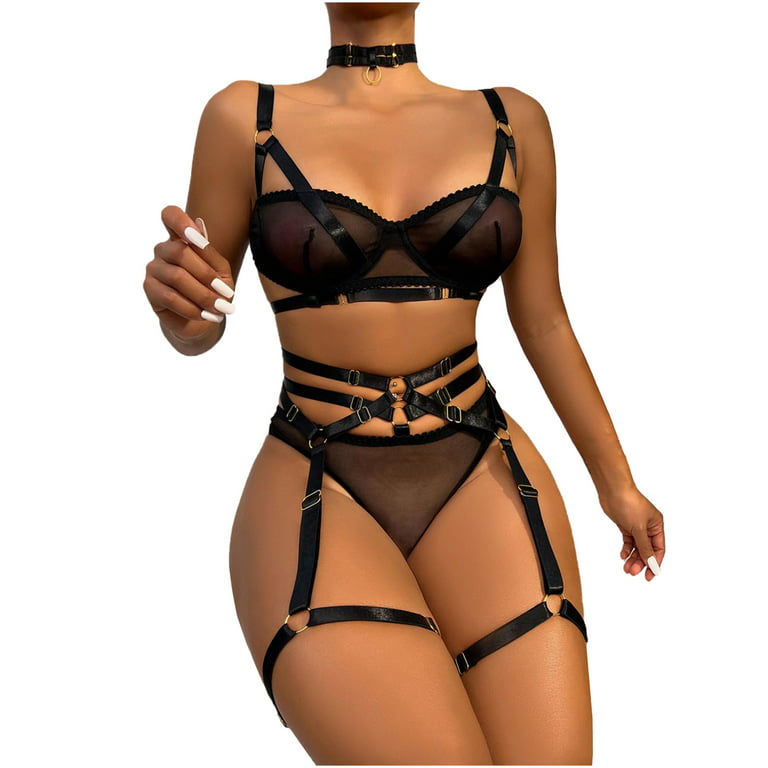 Hfyihgf Sexy Choker Mesh Underwire Push Up Garter Belt Lingerie Set for Women See-Through Bra and Panty 4 Piece Sheer Nightwear(Black,M), Women's