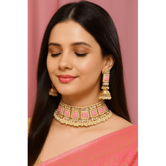 Pink Kundan Choker Necklace Set with Jhumka Earrings – Gold Plated Pearl Beaded Indian Jewelry