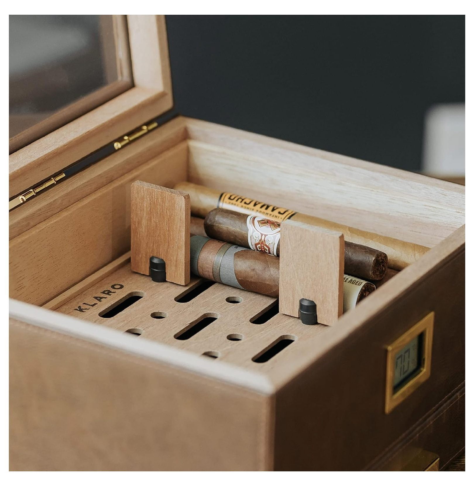 Glass Top Humidor Easy Humidification System, Thick Cedar, Accurate Digital Hygrometer, Leather Wrapped, Brown, Holds 30-60