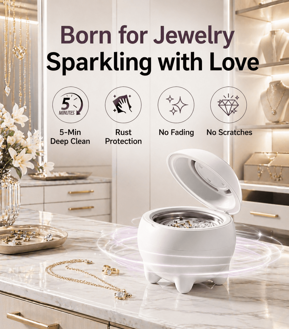 Ultrasonic Retainer Cleaner Machine, 45kHz Dental Pod for Dentures, Aligners & Night Guards, Ultrasonic Jewelry Cleaner with 4 Modes, Low Noise, White