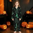 thumbnail image 2 of CUZIBR Girls Halloween Pajamas Sets Skull Bat Ghost Spider Web Moon Star Print Comfort Cozy Lapel Button Long Sleeve Top Long Pants Two Piece Soft Loungewear Relaxed Nightwear ,Black-5,7-8 Years, 2 of 4