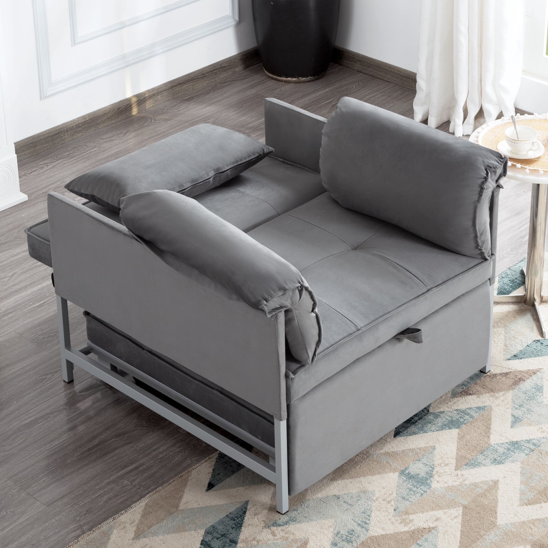 BSHTI 34.3" Convertible Fold Out Sleeper Chair, Sturdy Metal Frame, Velvet Upholstery, 3 Adjustable Angles Reclining Function Sofa Bed, Easy Assembly (Gray)