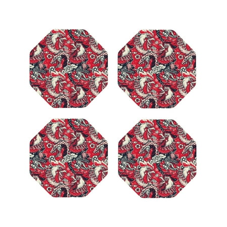 

Honeii Rooster Head Print Leather Coaster Set of 4 Ideal for Safeguarding Your Furniture from Drinks Spills and Effortless Cleanup-Octagon
