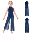 thumbnail image 2 of Aislor Big Girls Mesh Split Wide-Leg Bodysuit Sequins Bodice Figure Skating Jumpsuit Gymnastics Leotard Navy Blue 12, 2 of 7