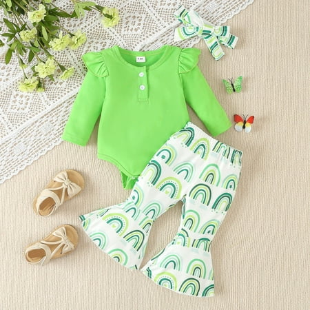 

Spring Girls Two Piece Solid Color Ruffle Sleeve Girls Romper and Rainbow Print Flared Pants StPatrick s Day Outfit
