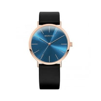 Bering Time Classic Collection Roségold Glänzend Stainless Steel Case and Black Leather Strap, Blue Dial with Swarovski Elements Women's Watch. 13436-468