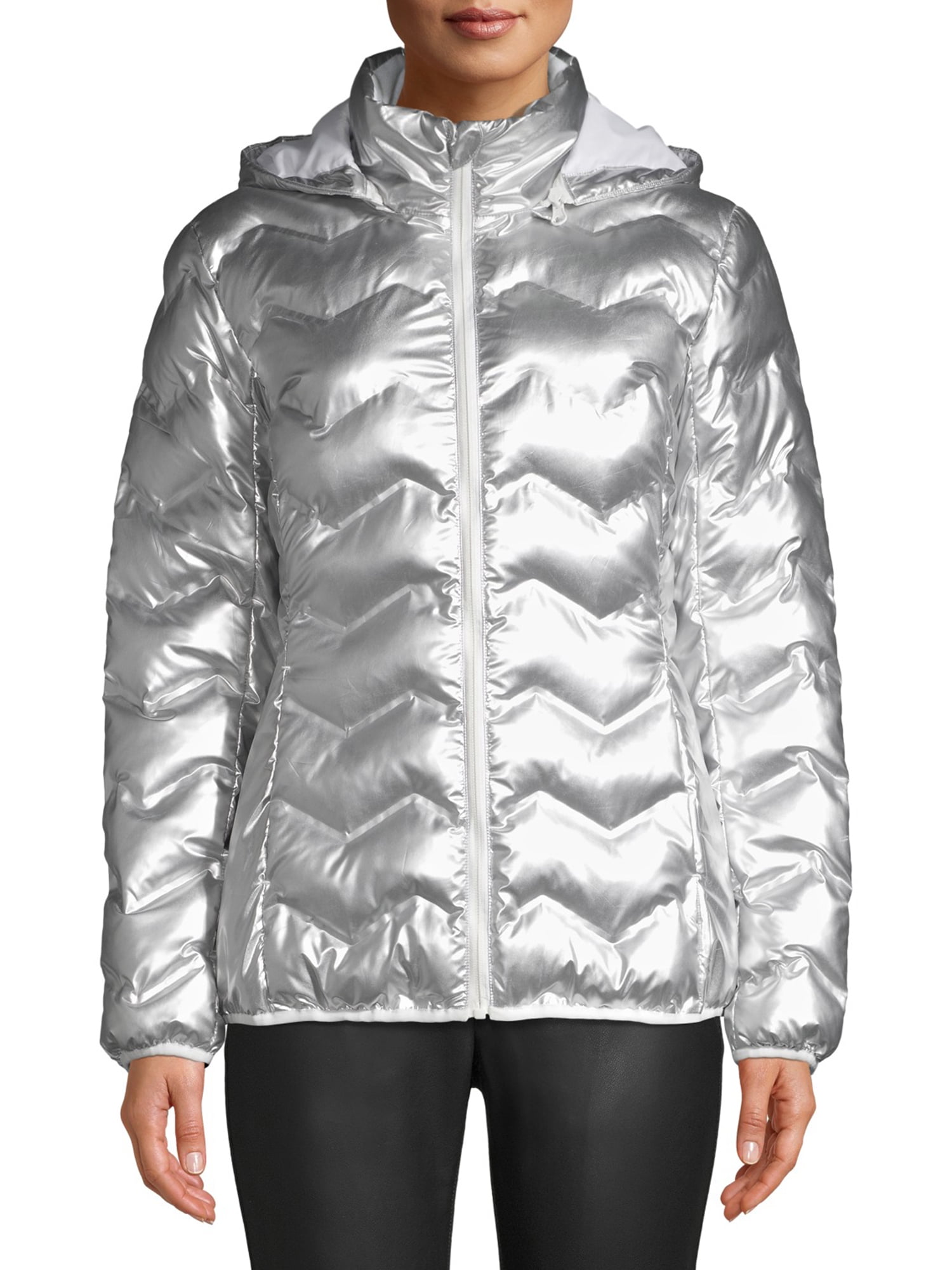 Time and Tru Women's Puffer Coat with Hood Silver Metallic SIZE XL