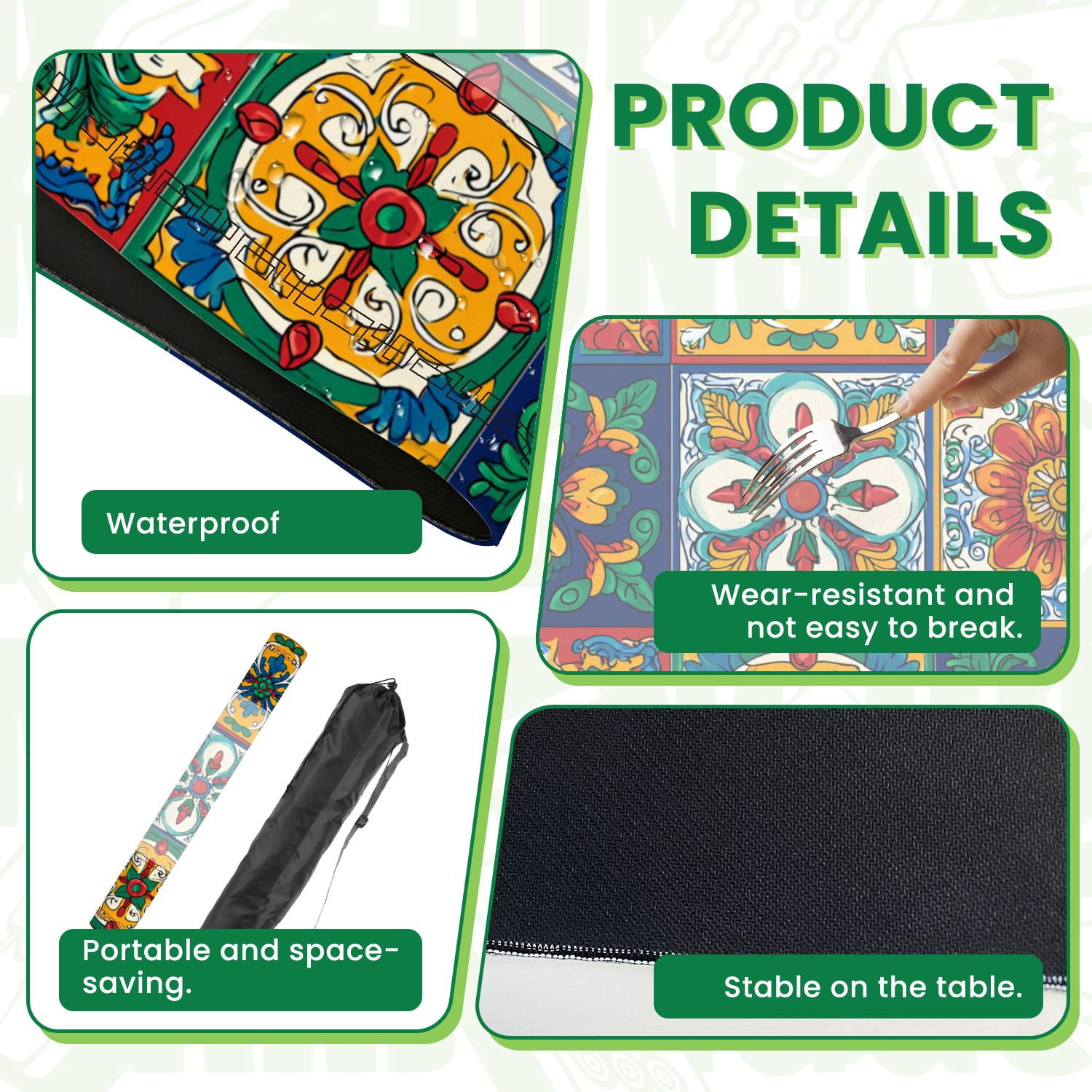 Mahjong Mat 31.5" x 31.5" Mexican talavera ceramic tile seamless Decoration ornamental Non-Slip Noise Reduction American Mahjong Tiles Table Cover for Dominoes Poker Card Board Games Gift