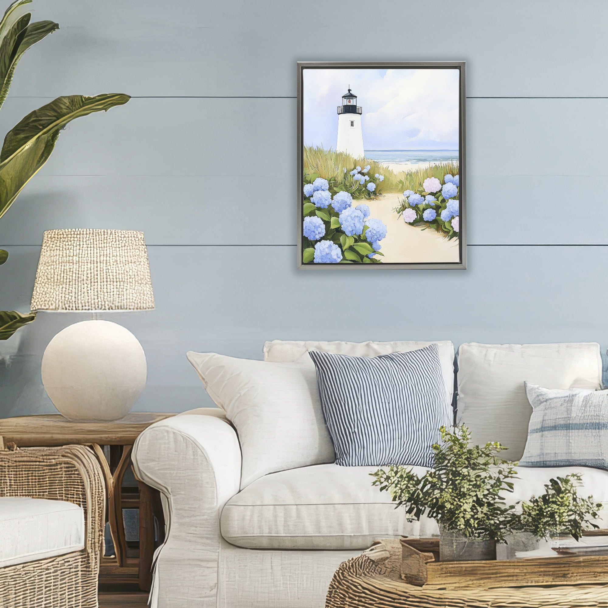 Stupell Industries Hydrangea Path Leading to Lighthouse Gray Framed Floater Canvas Wall Art, design by Sisi and Seb