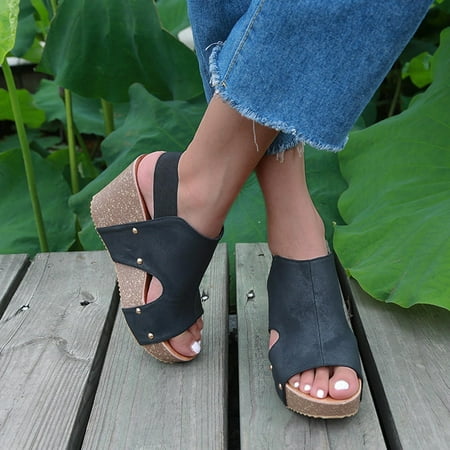

Yedhsi Fashion Womens Flat Open Toe Wedges Thick Bottom Elastic Band Shoe Roman Sandals