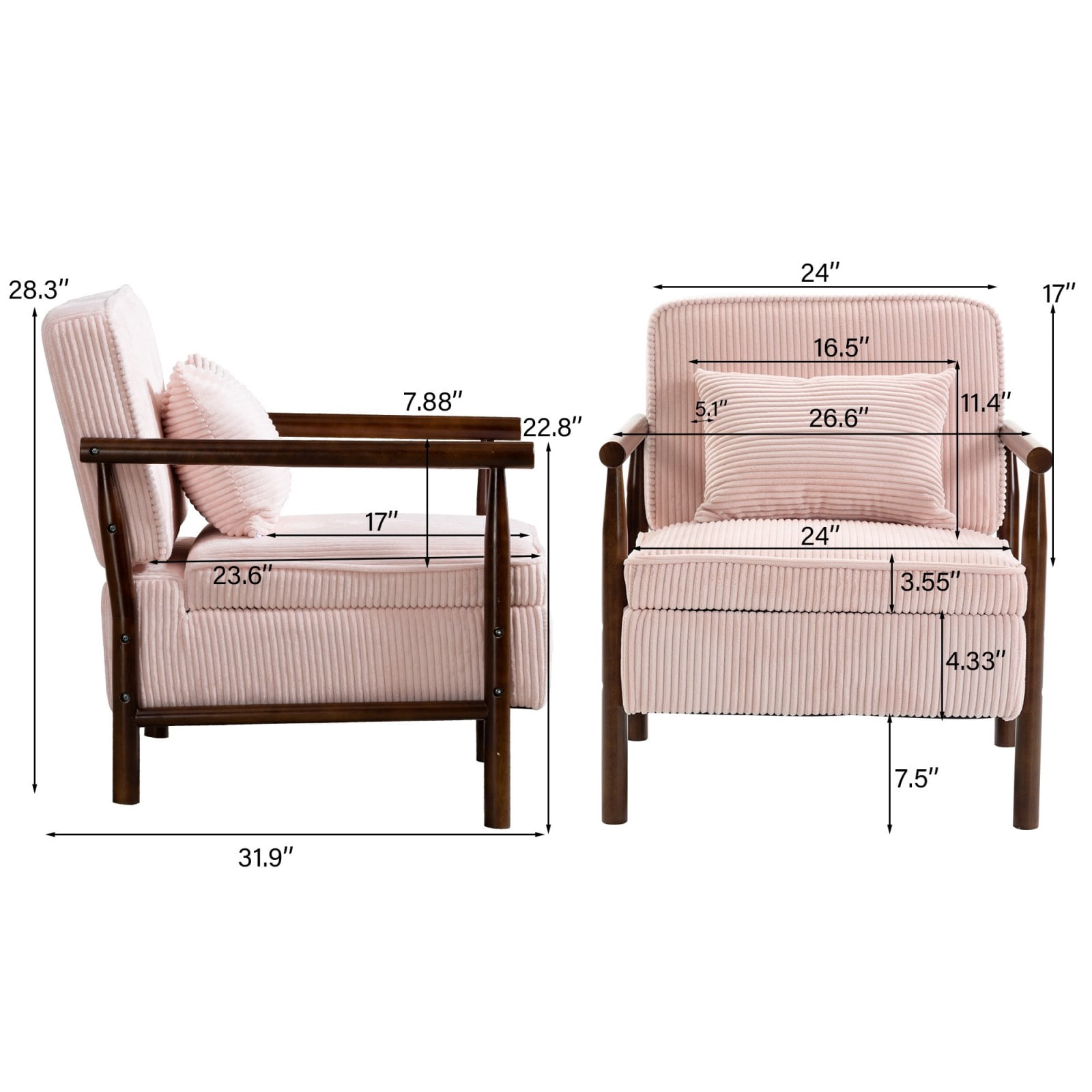 Storage Accent Chair Mid Century Modern Upholstered Armchair with Wood Frame & Waist Cushion for Living Room Bedroom Sunroom, Light Pink