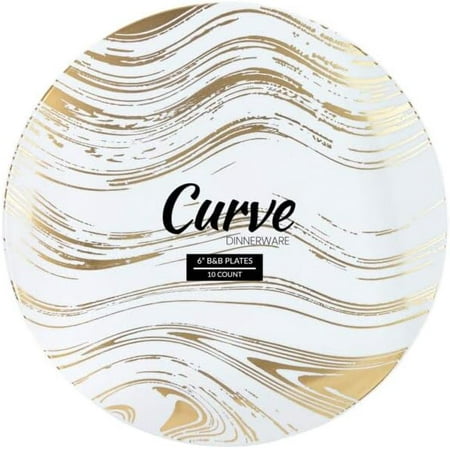 

6 Curve Collection Disposable Dinner Plates - 10 Pack Heavy Duty White Gold Curve Elegant Tableware Dish Plates for Banquets Catering and Formal Events
