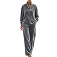thumbnail image 2 of Brnmyaeo Women's Velour Tracksuit Set Mock Neck Velvet Loungewear Outfit Henley Button Pullover Loose Fit Wide Leg Lounge Pants Fall 2 Piece Sets, 2 of 8