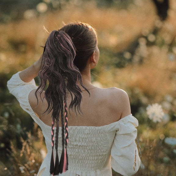 HOOWIFFY Clip on Multi Color Braided Ponytail Extension with Natural Hair Texture