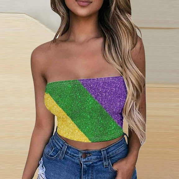 SOOMLON Mardi Gras Tube Tops for Women Carnival Outfits Tuesday Party Sleeveless Tshirts Funny Color Block Print Tops Sexy Cropped Tops New Orleans Parade Pullovers 2025 Multicolor XL