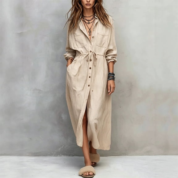 Morttic Women's Elegant Lapel Long Sleeve Button Down Shirt Dress – Drawstring Waist Casual Split Dress with Side Pockets Apricot,S