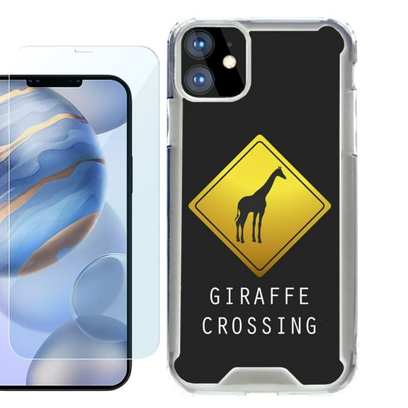 For Apple iPhone 12 Case, iPhone 12 Pro Case, Hybrid Bumper Phone case, with Tempered Glass Screen Protector, by OneToughShield ® - Road Sign Giraffe