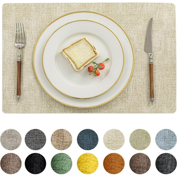 Vinyl Placemats Set of 8-12 X 18 Inch - Heat Resistant Place Mats 100% Waterproof Oilproof Wipeable Reversible Faux Leather Table Mats for Kitchen/Dining/Party/Outdoor, Beige