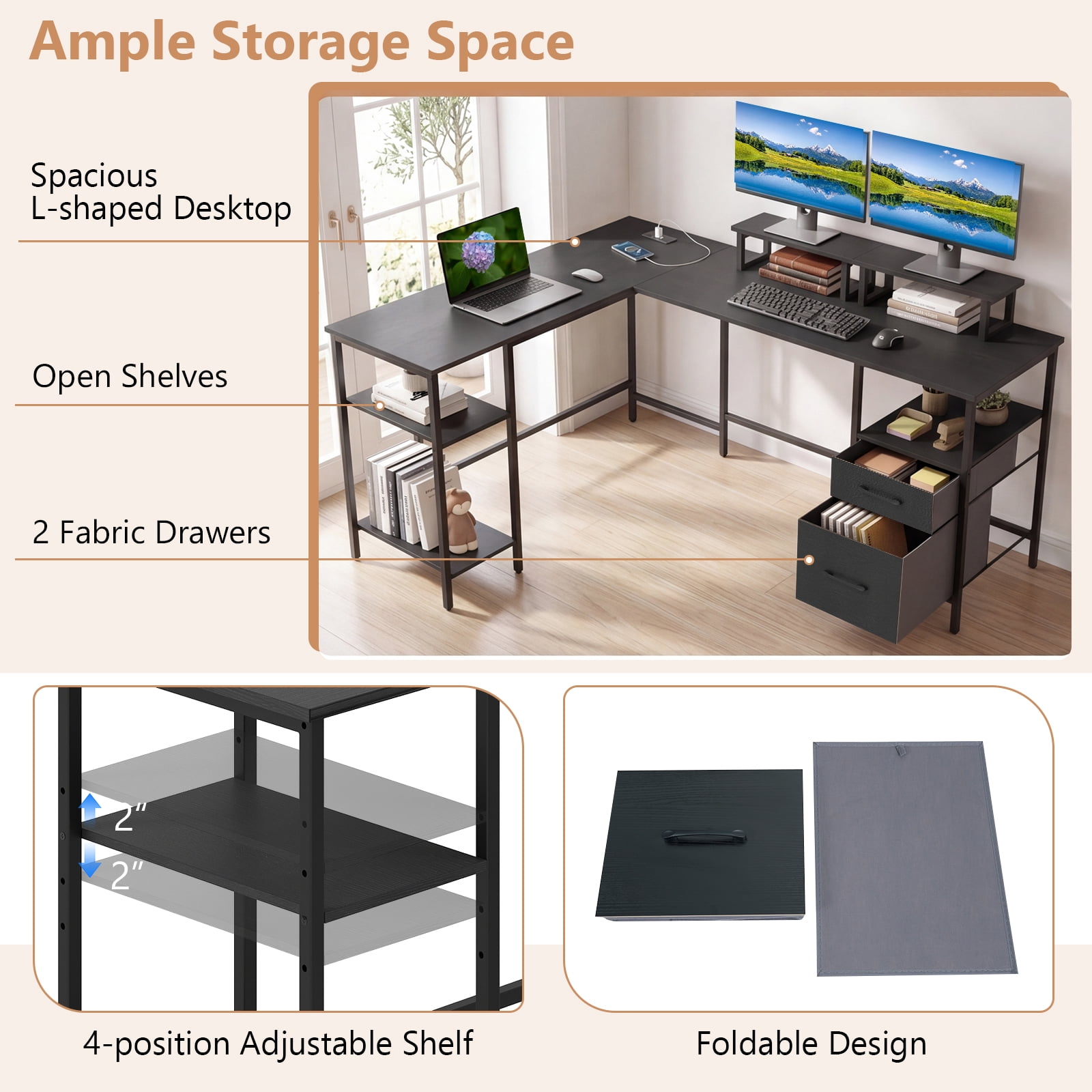Costway L Shaped Desk with Power Outlet, Reversible Computer Desk with Monitor Stands Gray + Black