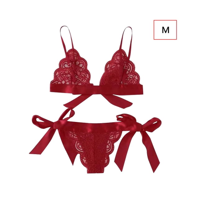 Conjunto de ropa interior de encaje floral encantador para mujer, regalo de lencería con bragas de malla, rojo, M Methold XX000194-07