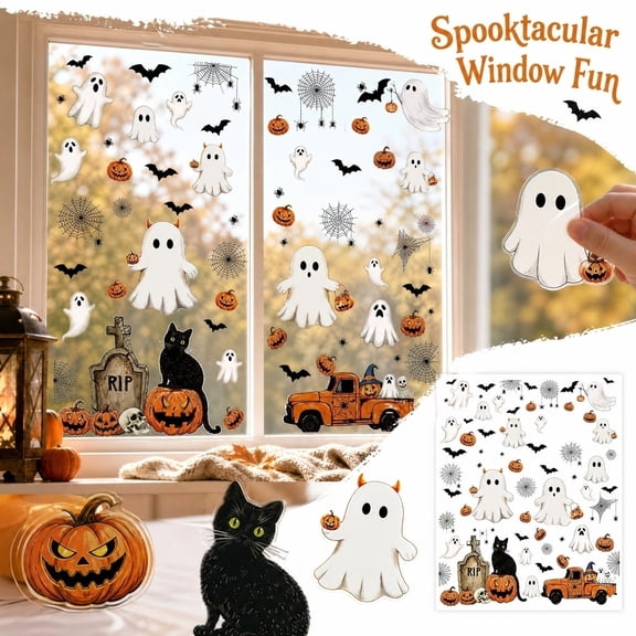 Halloween Window Clings 6 Pack Cute Ghost Pumpkin Bat Black Cat Pvc Window Halloween Decorations for Home Office Party Indoor Spooky Cute Decor Set