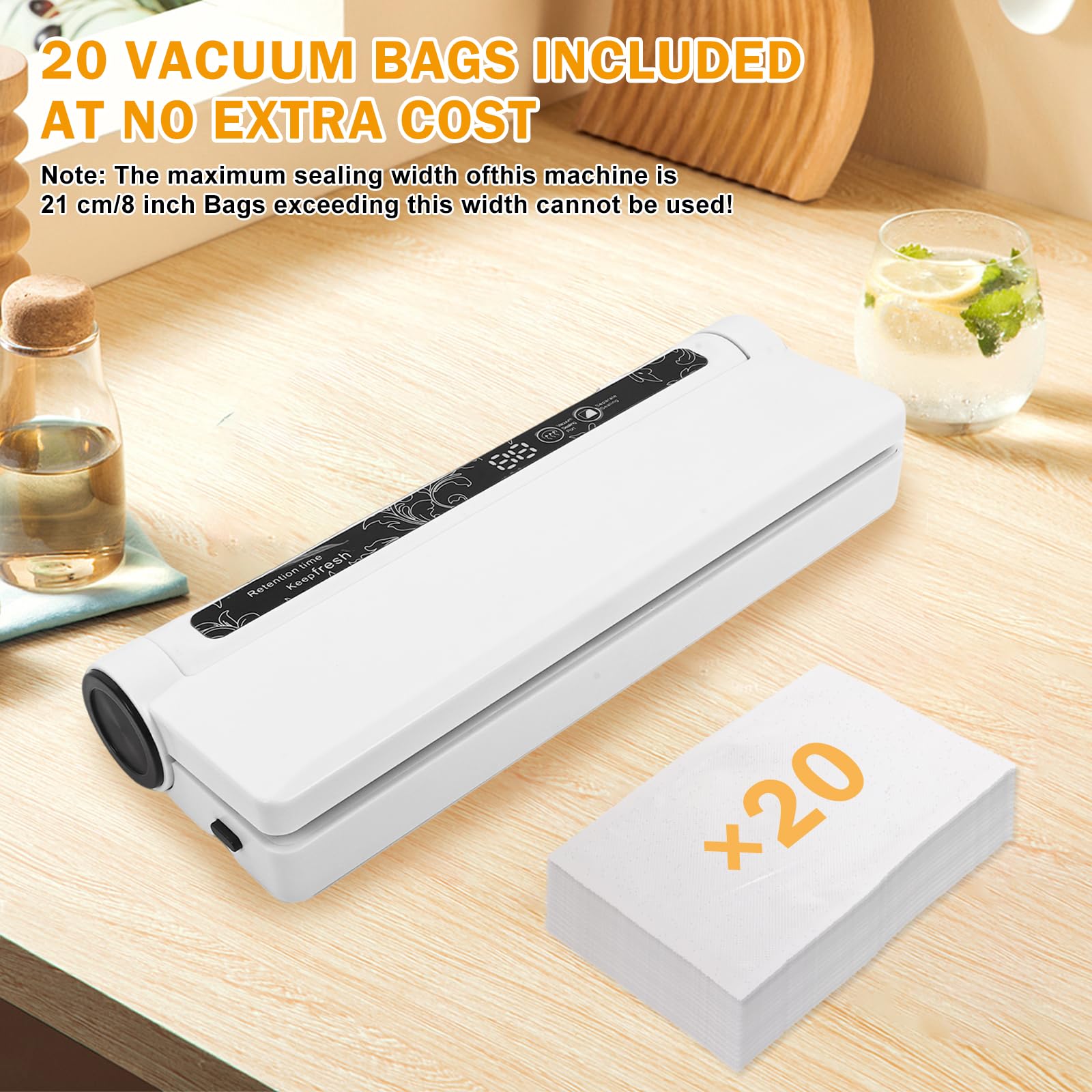 Food Vacuum Sealer Machine, 60KPA Strong Suction, Dry/Wet Modes, 20 Vacuum Seal Bags for Food, Digital Countdown Timer, Compact Lightweight, Ideal for Home Kitchen Use（white8.5*9.5*4cm）
