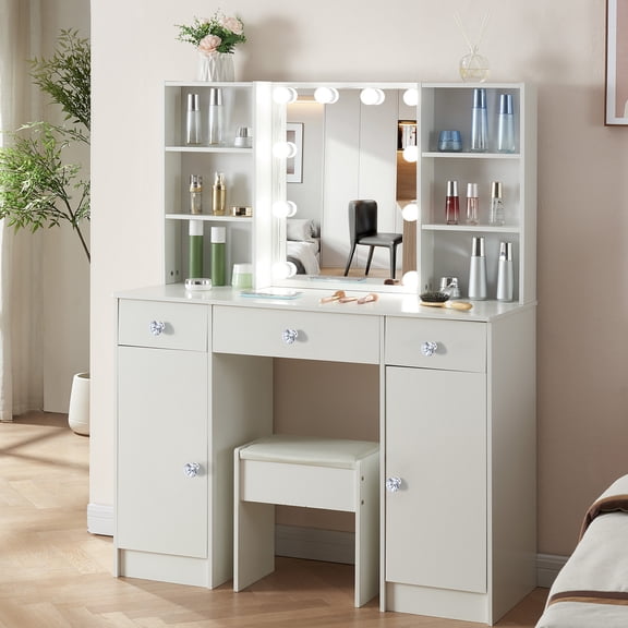 Jarbalai Makeup Vanity Table Set with 3 Color Lighted Mirror & Stool, Modern Vanity Desk with 3 Drawers for Bedroom