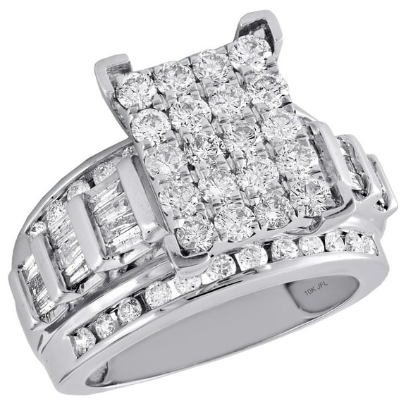 10K White Gold Round & Baguette Diamond Rectangle Cluster Engagement Ring 2 Ct.