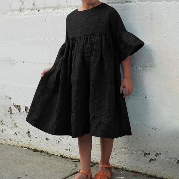 BRGZLK Cotton Linen Dresses for Girl Summer Casual A-Line Flowy Dress Short Sleeve Crewneck Pleated Midi Dress Beach Vacation Dress Black 11-12 Years