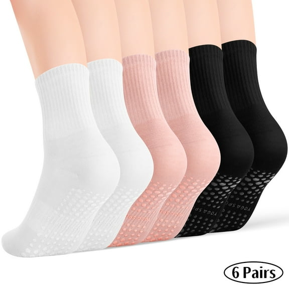 Bocaoying 6 Pairs Non Slip Pilates Yoga Socks for Women, Arch Support & Breathable Grip Socks, Pink White Black, Size 5-9