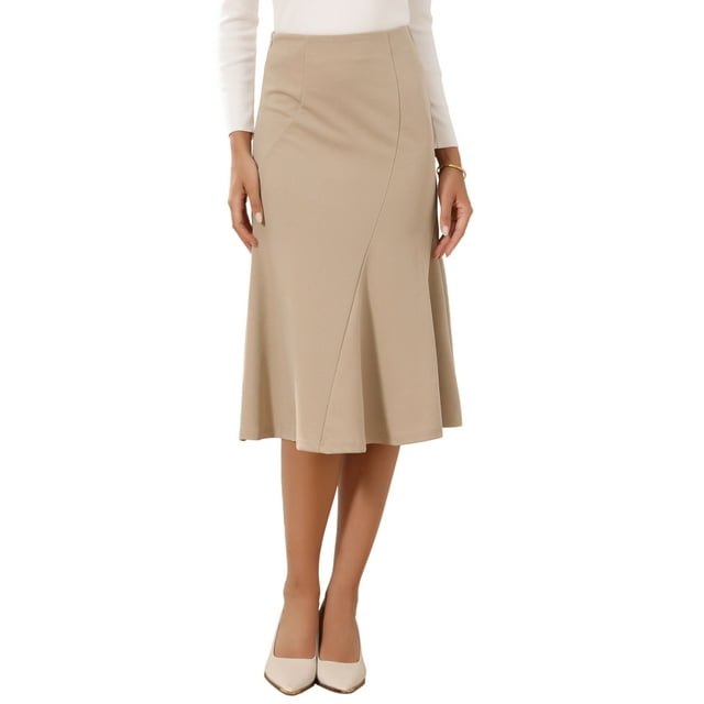 Faldas acampanadas de cintura alta INSPIRE CHIC para mujeres, falda midi de color sólido de negocios casual de los años 1950, talla S, color caqui