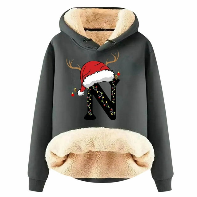 WILLBEST Sudadera de Mujer con Capucha Estampada con Letras Navideñas, de Lana, Cálida para El Invierno XXXX-Grande