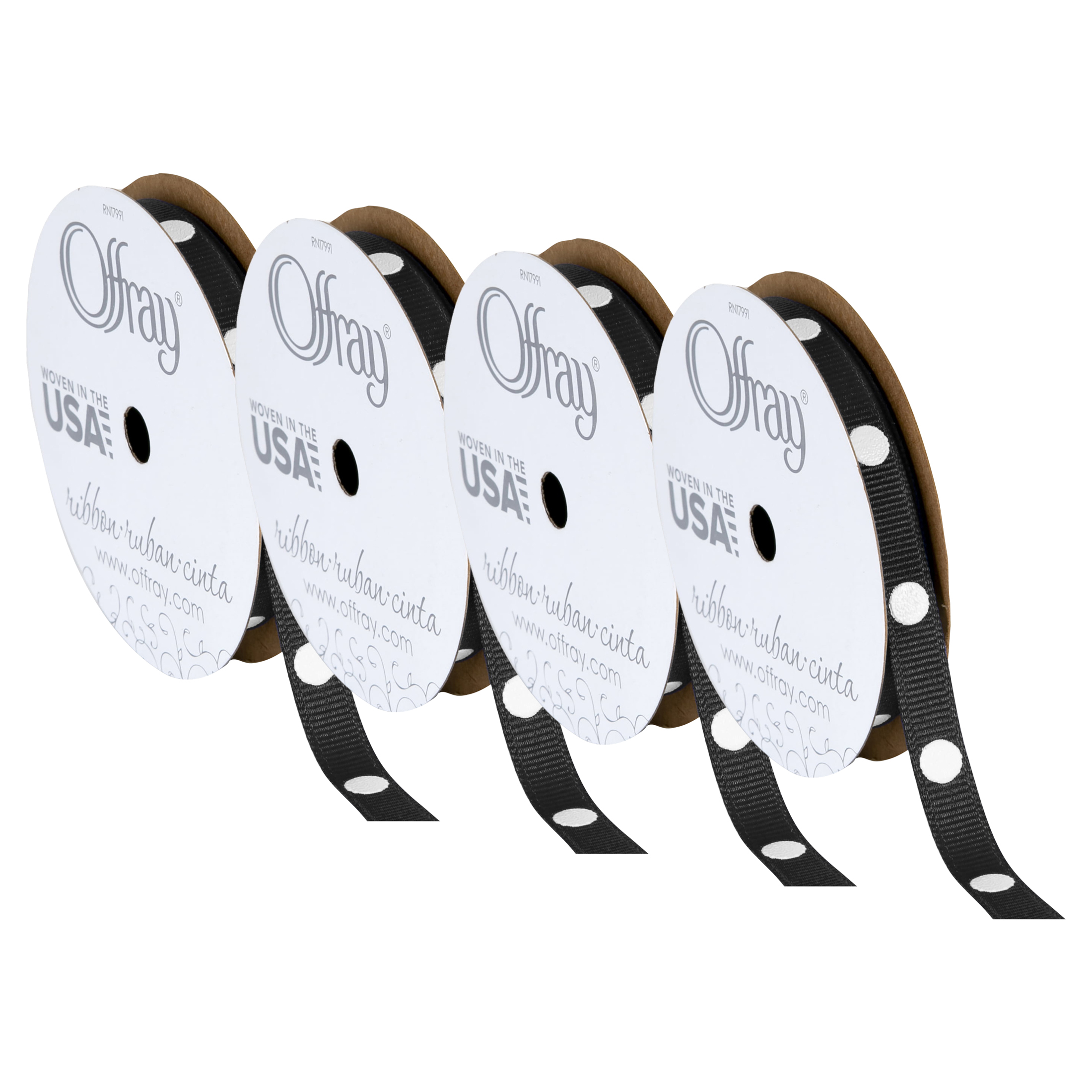 (4 pack) Offray Ribbon, Black and White with Polka Dot 3/8 inch