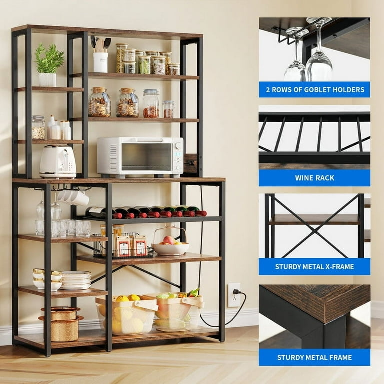 Dextrus 9 Tier Kitchen Bakers Rack with Power Outlets 39 Freestanding Microwave Stand with Wine Rack Glass Holder Kitchen Storage Shelf Rustic