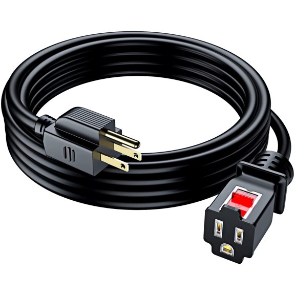 Extension Cord 15ft with New Locking Feature, Power Cable 3 Prong Plug Connector, Indoor Rated 16AWG (Black, 1 Pack)