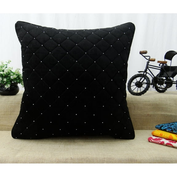 S4Sassy Decorative Hand Beaded Quilted Cushion Cover Case Royal Velvet Pillowcase Square Throw - Black 12 x 12