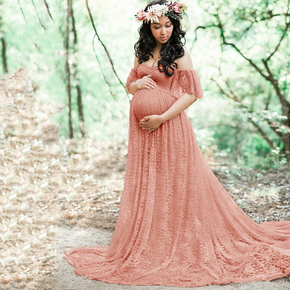 Pregnant Women Off Shoulder Lace Long Maxi Dress Gown Maternity Photography Prop 