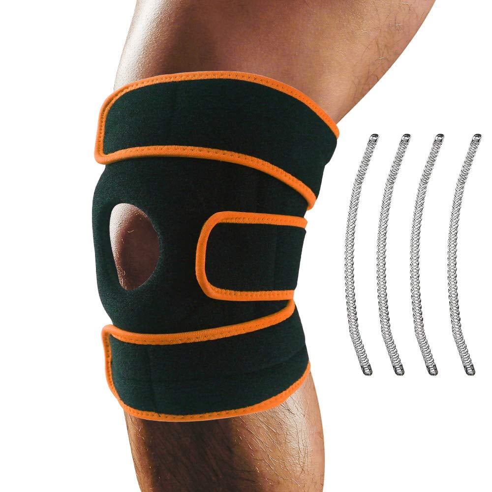 QiShi Knee Brace Support - Relieves ACL, LCL, MCL, Meniscus Tear, Arthritis, Tendonitis Pain. Open Patella Dual Stabilizers Non Slip Comfort Neoprene. Adjustable Bi-Directional Straps (Orange)
