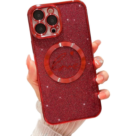 Compatible with iPhone 15 Pro Max Magnetic Glitter Case 6.7 Inch, Luxury Love Heart Pattern Plating Clear Case, Compatible with MagSafe for Women Girls Shockproof Back Cover-Red
