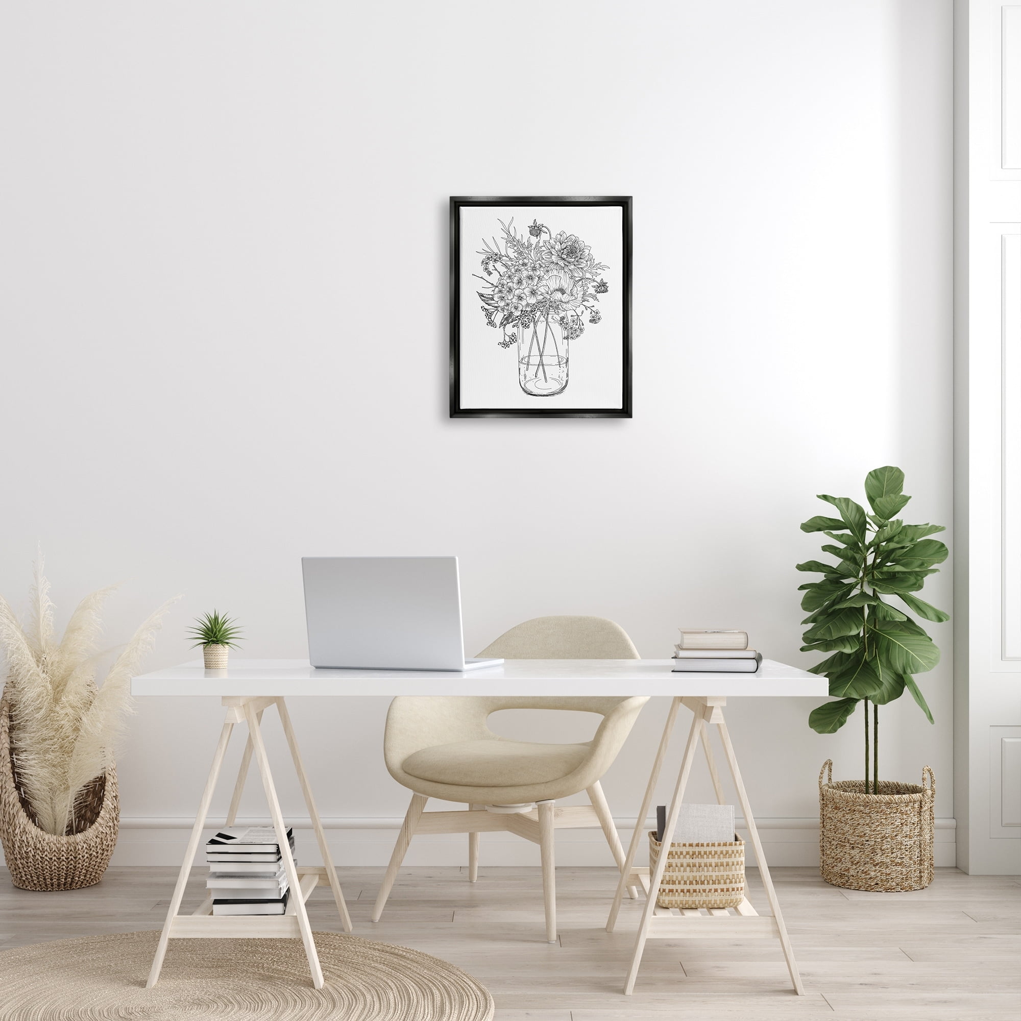 Stupell Industries Detailed Varied Flower Bouquet Blossoming Wildflower Blooms Graphic Art Jet Black Floating Framed Canvas Print Wall Art, Design by Lettered and Lined