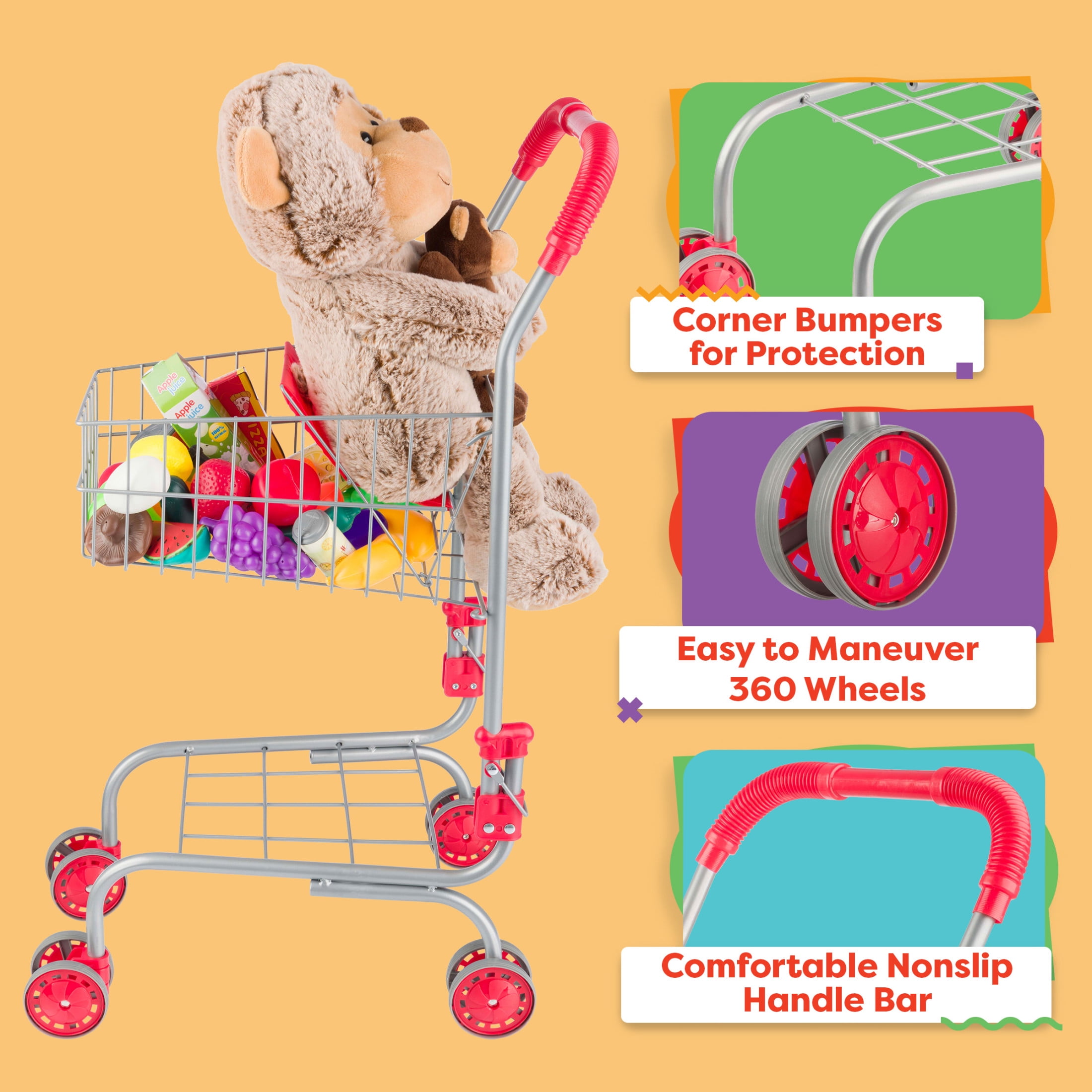 Hey Play Kids Shopping Cart with Pivoting Front Wheels and Fold-Up Design