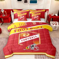 Feelyou Football Athlete Helmet Bedding Comforter Set 7 Pieces, Red Gold Abstract Full Bedding Set, Rugby Sports Theme Reversible Fitted Sheet Flat Sheet, Microfiber Bedroom Decor