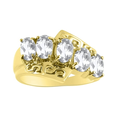 - 5 Stone Oval Shape White Topaz Ring Set In 14K Yellow Gold - Color Stone Birthstone Ring Greek Key Design LR7168WTY-D