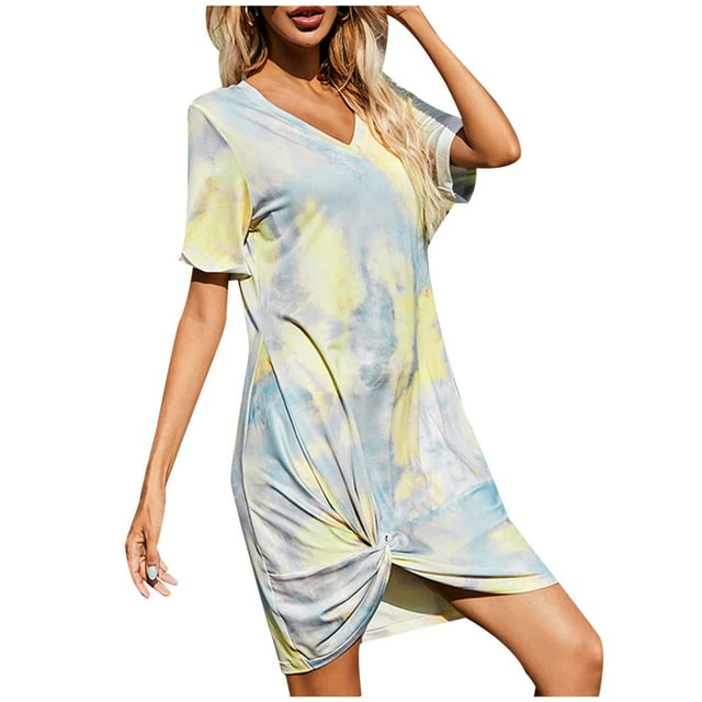 Yuyuzo Robes T-Shirts pour Femmes Manches Courtes Col en V Mini Robe Ourlet Froncé Couleur Dégradée Robes Courtes Décontractées