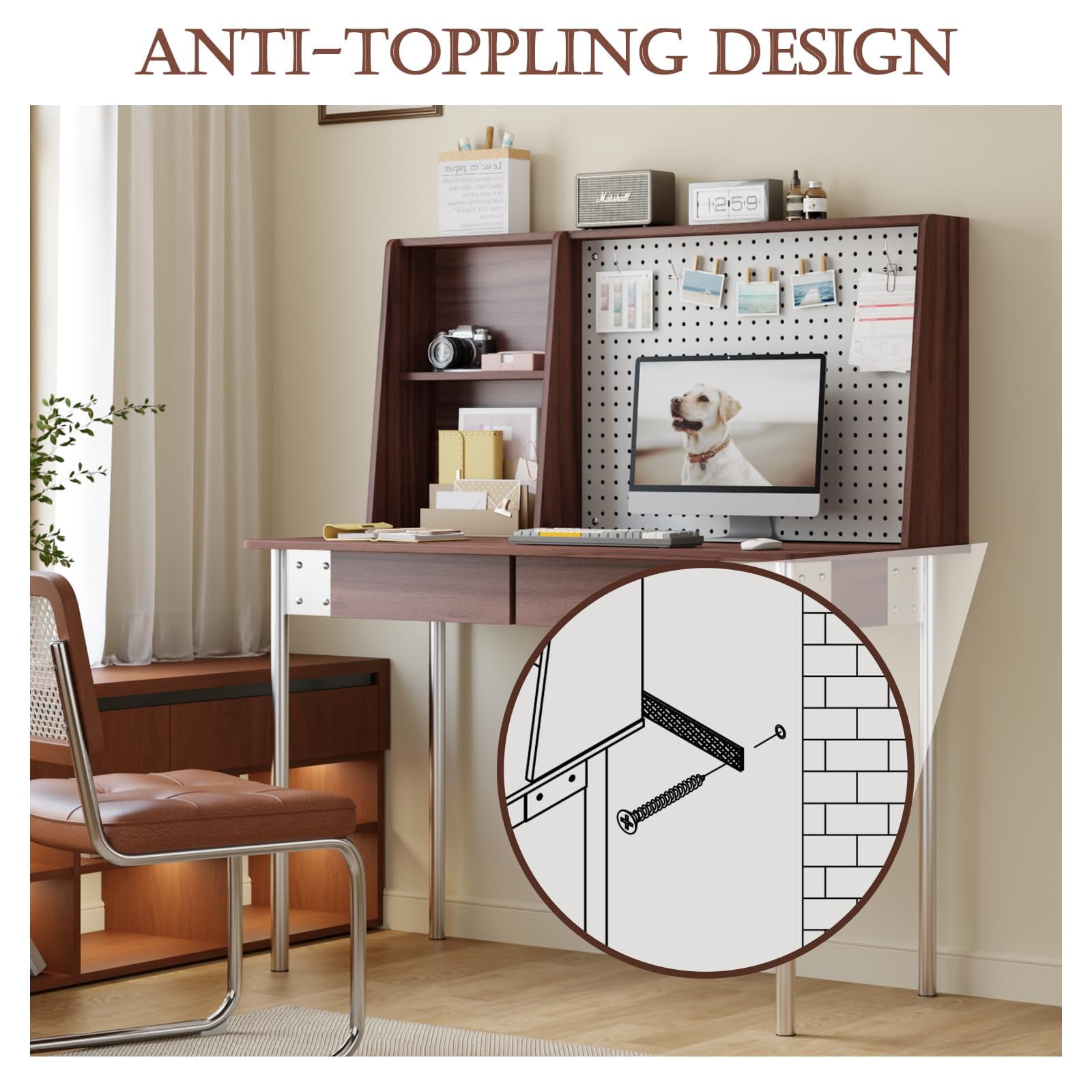JOMEED 47 Inch Computer Desk with Pegboard, Gaming Desk with 2 Drawers, Walnut Home Office Desk with Hutch, Metal Legs