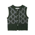 thumbnail image 3 of HH TRAF 2024 Chaleco de suéter para mujer, verde oscuro, cuello redondo, sin mangas, estampado geométrico, botonadura sencilla, tops de punto de otoño para mujer, moda, 3 of 5