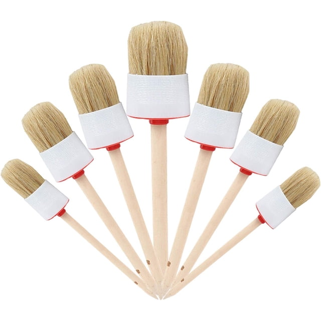 Nvzi Pincel de cera con cerdas naturales para pintura de tiza, mango de madera, pinceles redondos para pintura al óleo, acuarela, pinceles para encerar, muebles, manualidades (paquete de 7)