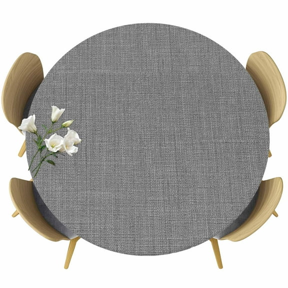 Vintage Dark Gray Table Cloth, Round Fitted Tablecloths with Elastic Edge, Farmhouse Retro Solid Color Linen Texture Wipeable Waterproof Table Cover for Kitchen Wedding 36-44 Inches